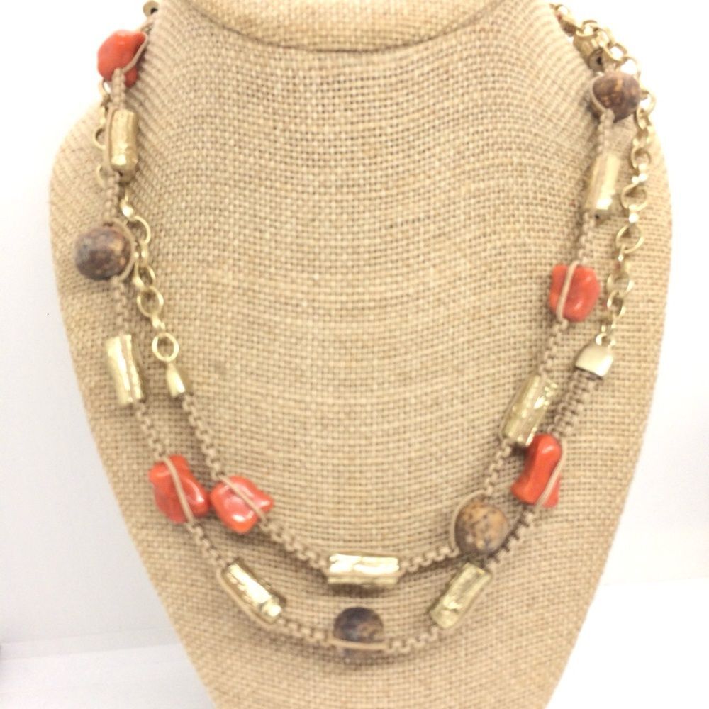 CHICO'S NECKLACE FABRIC CHAIN RED CORAL CERAMIC WOOD METAL BOHO BOHEMIAN LONG